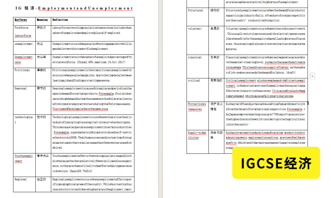 IGCSE经济核心词汇表,展示微观、宏观、国际贸易、金融等术语按单元分类的背诵页面
