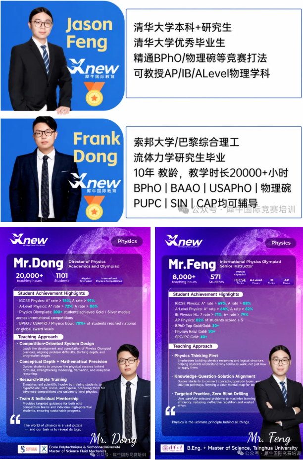 犀牛物理碗师资海报：Jason Feng 清华大学本科+研究生、Frank Dong 索邦大学/巴黎综合理工流体力学研究生毕业；Mr.Dong 累计带出 1101 位学生、PhysicsBowl A* rate 96%；Mr.Feng 累计 571 位学生、PhysicsBowl A* rate 88%（数据按犀牛官方宣传口径）