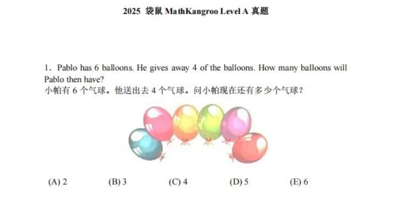 袋鼠数学竞赛中英文试卷示例