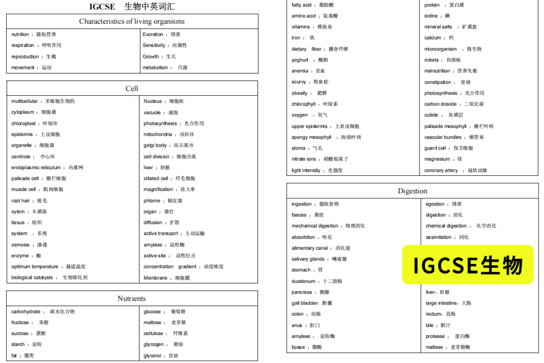 IGCSE生物核心词汇表,展示细胞、遗传、生态、生理等专业词汇按单元分类的背诵页面