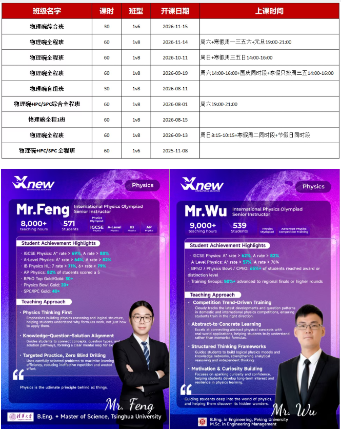 犀牛物理碗班型课表与Mr.Feng、Mr.Wu等竞赛导师介绍海报