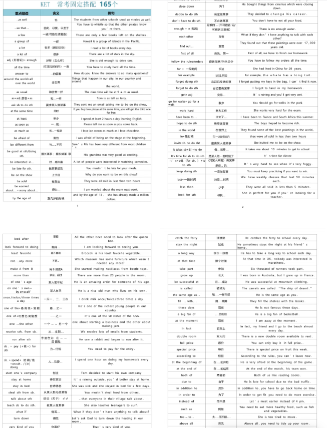KET 常考固定搭配 165 个资料内页:左为