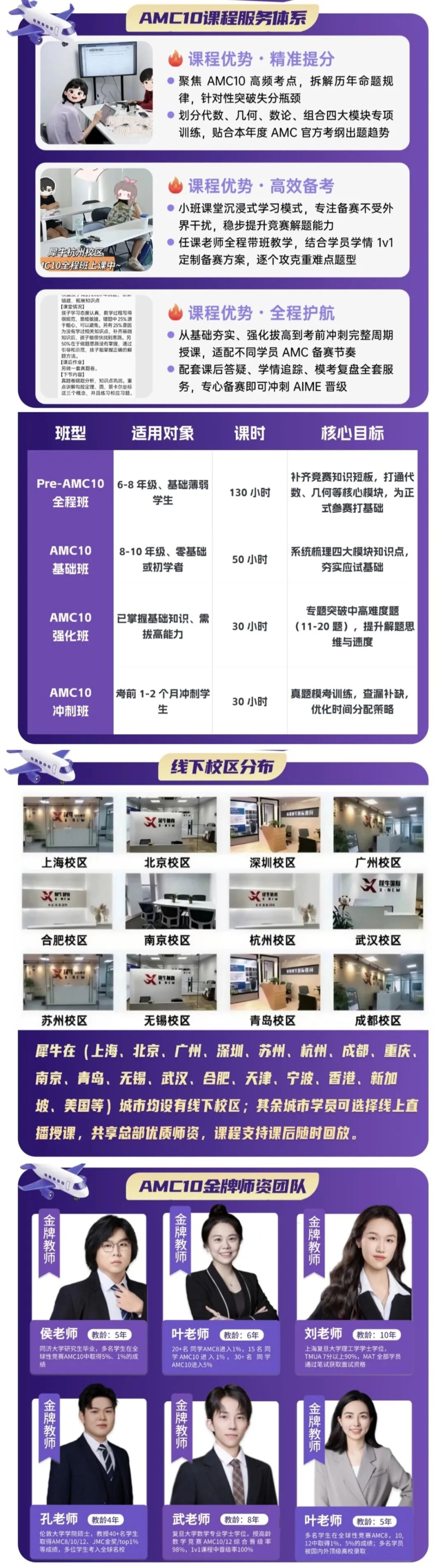 犀牛AMC10课程体系介绍长图：班型设置、师资与备赛服务详情