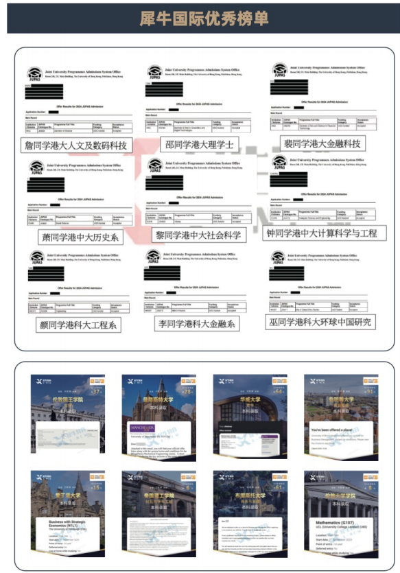 犀牛国际优秀榜单:JUPAS录取9例(港大人文/金融/计算机、港中大历史/社科、港科大工程/金融/环球中国研究)与QS排名大学录取海报