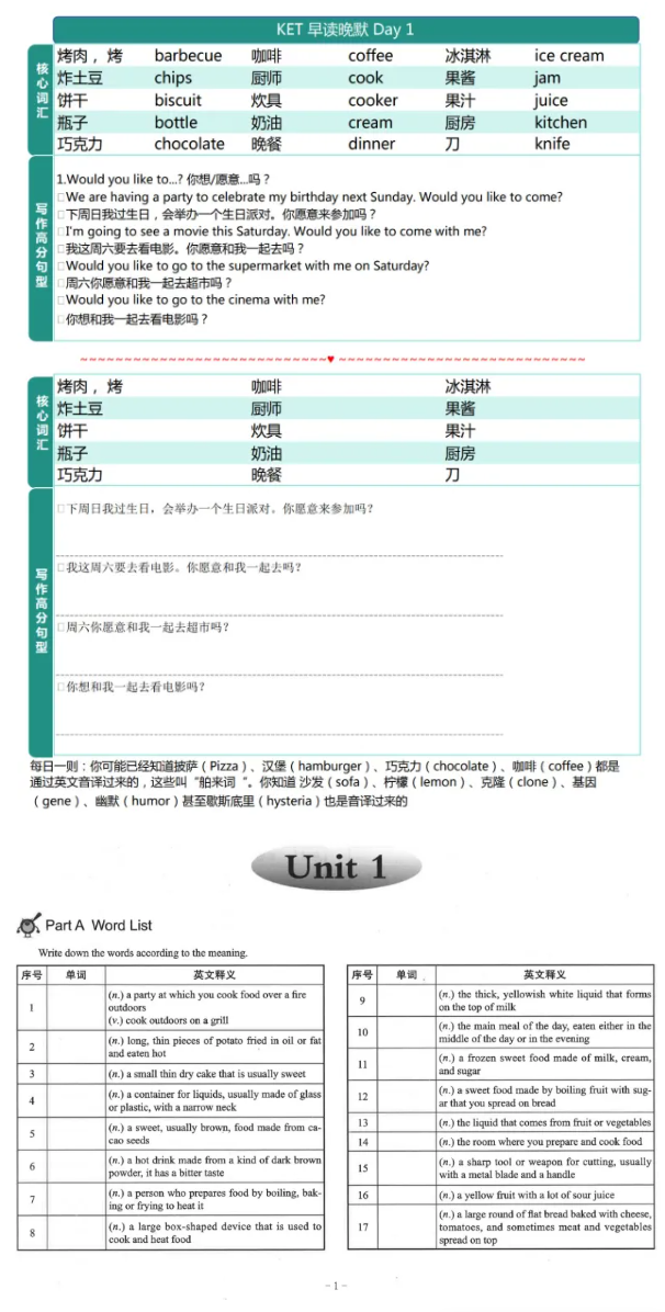 KET词汇量自评表样张,可测孩子离1500/2000词差多少