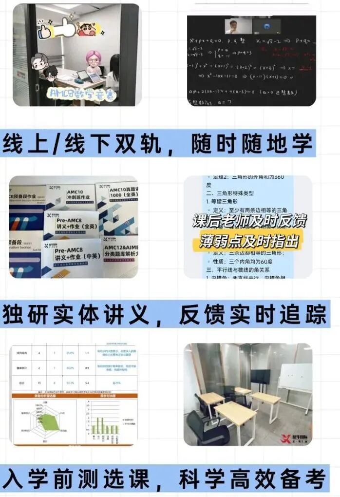 犀牛AMC8教学服务流程图：线上线下双轨随时随地学习、课后老师及时反馈薄弱点、独研实体讲义与反馈实时追踪、入学前测选课科学高效备考