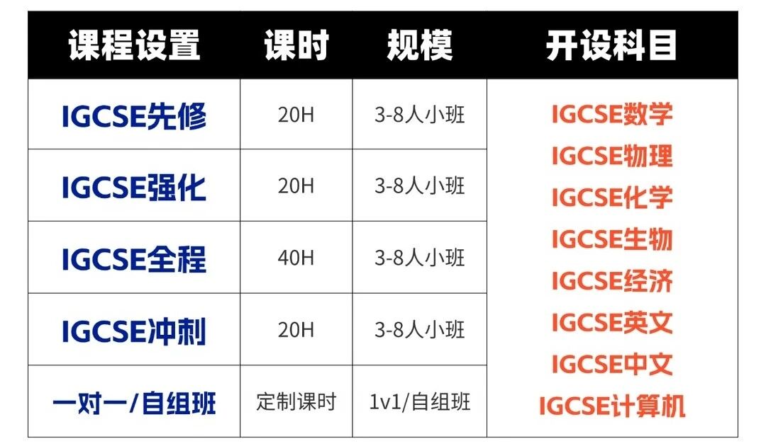 犀牛IGCSE课程班型总览表，包含先修、强化、全程、冲刺及一对一/自组班，列示各类型课时、班级规模与数学、物理、化学、生物、经济、英文、中文、计算机等开设科目