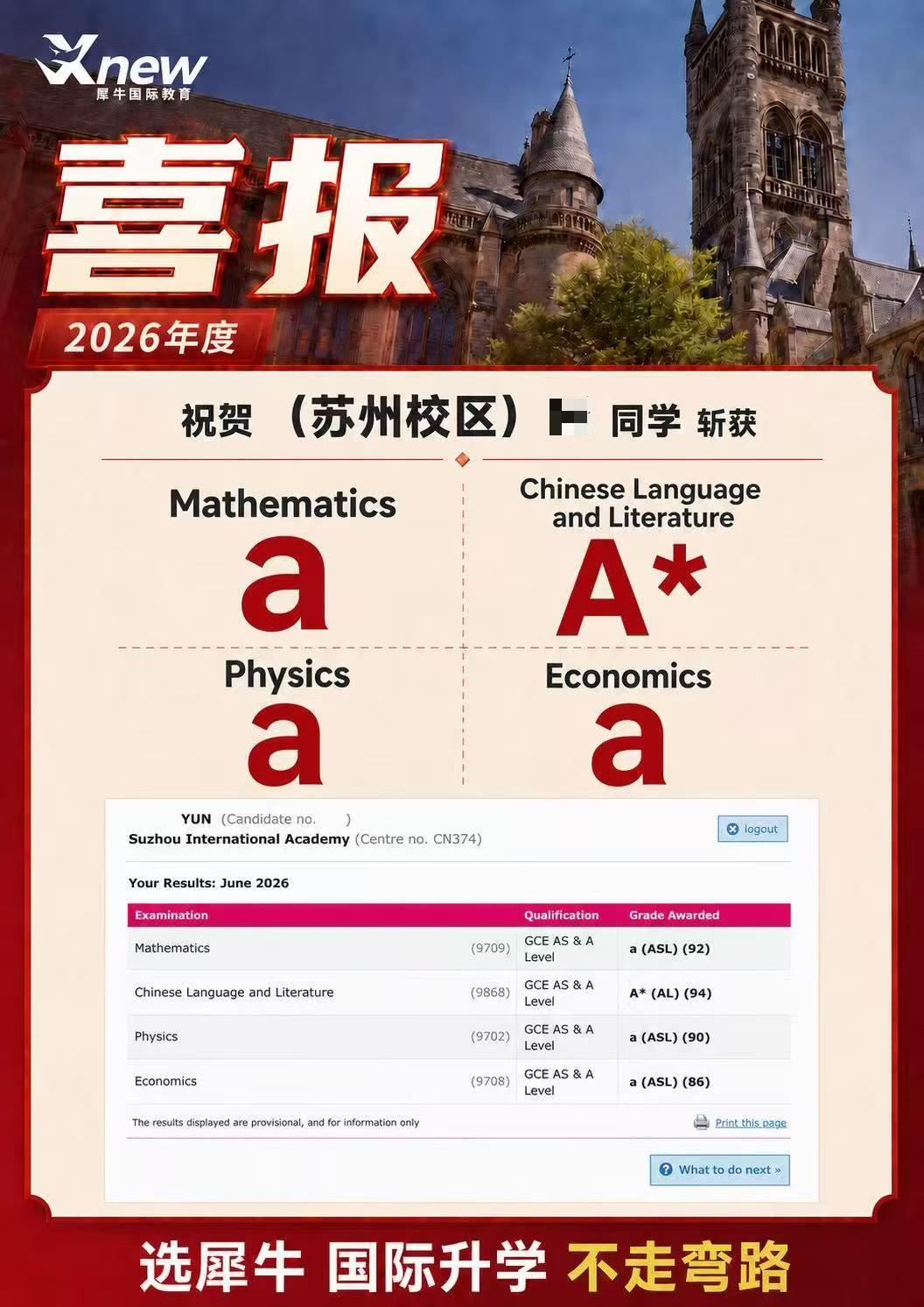 犀牛ALevel出分喜报